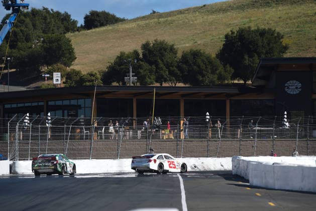 SONOMA, CA JUNE 26: Sam Corry ( 25 Bruce Toyota) leads Mia Lovell ( 15 Pine Health Toyota) into turn 11 during the ARCA Menards Series West General Tire 150 on June 26, 2026, at Sonoma Raceway in Sonoma, CA. (Photo by Chris Williams Sonoma Raceway Icon Sportswire) AUTO: JUN 26 ARCA Menards Series West General Tire 150 EDITORIAL USE ONLY Icon0072606260162