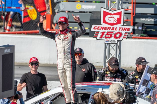 SONOMA, CA - JUNE 26: Sam Corry ( 25 Bruce Toyota)celebrates after winning the ARCA Menards Series West General Tire 150 race on June 26, 2026, at Sonoma Raceway, Sonoma, CA. (Photo by Douglas Stringer Icon Sportswire) AUTO: JUN 26 ARCA Menards Series West General Tire 150 EDITORIAL USE ONLY Icon2606260165