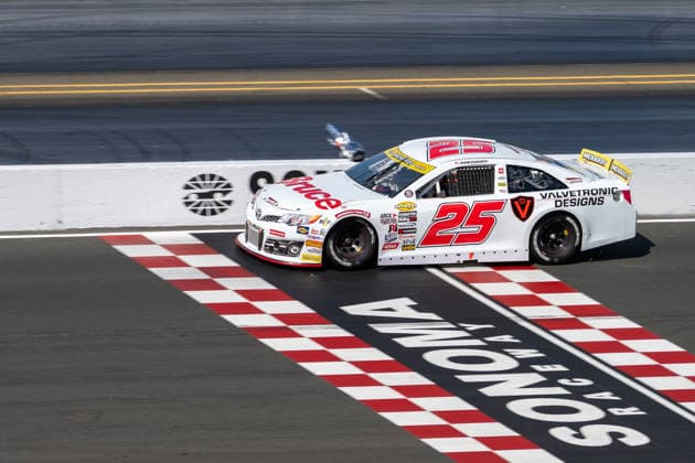 SONOMA, CA - JUNE 26: Sam Corry ( 25 Bruce Toyota) crosses the finish line for the win during the ARCA Menards Series West General Tire 150 race on June 26, 2026, at Sonoma Raceway, Sonoma, CA. (Photo by Douglas Stringer Icon Sportswire) AUTO: JUN 26 ARCA Menards Series West General Tire 150 EDITORIAL USE ONLY Icon2606260166