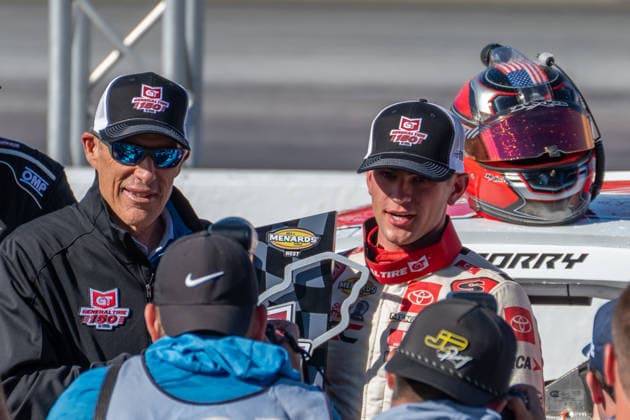 SONOMA, CA - JUNE 26: Sam Corry ( 25 Bruce Toyota) receives the trophy during the awards ceremony after winning the ARCA Menards Series West General Tire 150 race on June 26, 2026, at Sonoma Raceway, Sonoma, CA. (Photo by Douglas Stringer Icon Sportswire) AUTO: JUN 26 ARCA Menards Series West General Tire 150 EDITORIAL USE ONLY Icon2606260167