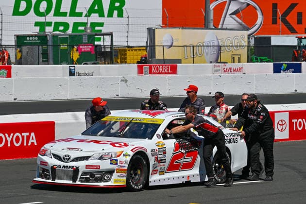 SONOMA, CA - JUNE 26: Sam Corry ( 25 Bruce Toyota) and his crew line up his car before the start of the ARCA Menards Series West General Tire 150 race on June 26, 2026, at Sonoma Raceway, Sonoma, CA. (Photo by Douglas Stringer Icon Sportswire) AUTO: JUN 26 ARCA Menards Series West General Tire 150 EDITORIAL USE ONLY Icon2606260170
