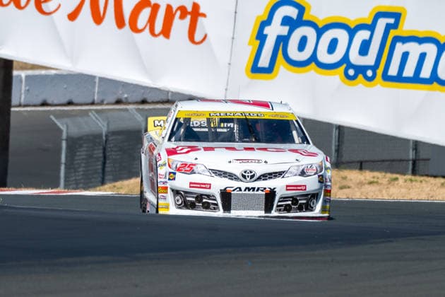 SONOMA, CA - JUNE 26: Sam Corry ( 25 Bruce Toyota) leads the race around turn 2 during the ARCA Menards Series West General Tire 150 race on June 26, 2026, at Sonoma Raceway, Sonoma, CA. (Photo by Douglas Stringer Icon Sportswire) AUTO: JUN 26 ARCA Menards Series West General Tire 150 EDITORIAL USE ONLY Icon2606260173
