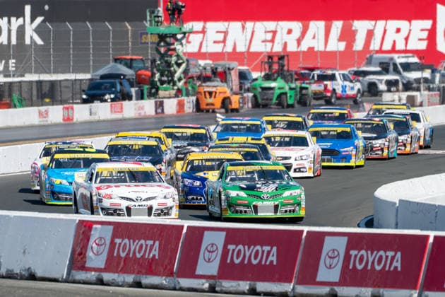 SONOMA, CA - JUNE 26: The field of race cars led by Sam Corry ( 25 Bruce Toyota) on a restart after a yellow flag during the ARCA Menards Series West General Tire 150 race on June 26, 2026, at Sonoma Raceway, Sonoma, CA. (Photo by Douglas Stringer Icon Sportswire) AUTO: JUN 26 ARCA Menards Series West General Tire 150 EDITORIAL USE ONLY Icon2606260174