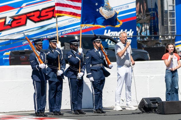 SONOMA, CA - JUNE 26: USAF Color Guards prepare for the singing of the National Anthem at the beginning of the ARCA Menards Series West General Tire 150 race on June 26, 2026, at Sonoma Raceway, Sonoma, CA. (Photo by Douglas Stringer Icon Sportswire) AUTO: JUN 26 ARCA Menards Series West General Tire 150 EDITORIAL USE ONLY Icon2606260176