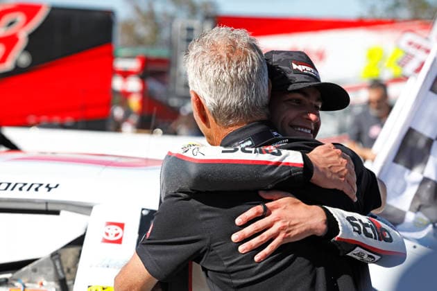 SONOMA, CA - JUNE 26: Sam Corry* ( 25 Bruce Toyota) celebrates after winning the General Tire 150 ARCA Menards Series West race on June 26, 2026, at Sonoma Raceway in Sonoma, CA. (Photo by Jeff Speer Sonoma Raceway Icon Sportswire) AUTO: JUN 26 ARCA Menards Series West General Tire 150 EDITORIAL USE ONLY Icon2606265645