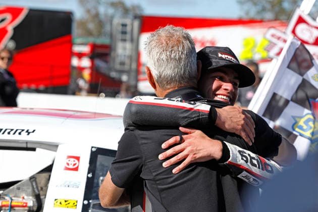 SONOMA, CA - JUNE 26: Sam Corry* ( 25 Bruce Toyota) celebrates after winning the General Tire 150 ARCA Menards Series West race on June 26, 2026, at Sonoma Raceway in Sonoma, CA. (Photo by Jeff Speer Sonoma Raceway Icon Sportswire) AUTO: JUN 26 ARCA Menards Series West General Tire 150 EDITORIAL USE ONLY Icon2606265646