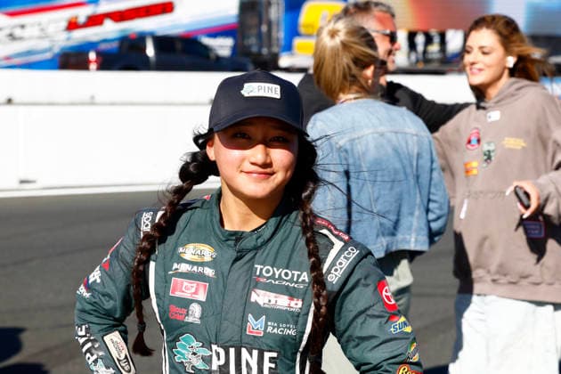 SONOMA, CA - JUNE 26: Mia Lovell* ( 15 Pine Health Toyota) smiles after finish second in the General Tire 150 ARCA Menards Series West race on June 26, 2026, at Sonoma Raceway in Sonoma, CA. (Photo by Jeff Speer Sonoma Raceway Icon Sportswire) AUTO: JUN 26 ARCA Menards Series West General Tire 150 EDITORIAL USE ONLY Icon2606265831