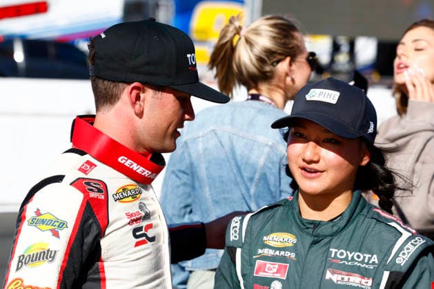 SONOMA, CA - JUNE 26: Sam Corry* ( 25 Bruce Toyota) speaks with Mia Lovell* ( 15 Pine Health Toyota) after Corry wins the race and Lovell finishes second after the General Tire 150 ARCA Menards Series West race on June 26, 2026, at Sonoma Raceway in Sonoma, CA. (Photo by Jeff Speer Sonoma Raceway Icon Sportswire) AUTO: JUN 26 ARCA Menards Series West General Tire 150 EDITORIAL USE ONLY Icon2606265874