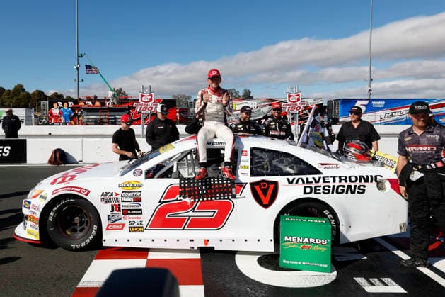SONOMA, CA - JUNE 26: Sam Corry* ( 25 Bruce Toyota) celebrates in Victory Lane after winning the General Tire 150 ARCA Menards Series West race on June 26, 2026, at Sonoma Raceway in Sonoma, CA. (Photo by Jeff Speer Sonoma Raceway Icon Sportswire) AUTO: JUN 26 ARCA Menards Series West General Tire 150 EDITORIAL USE ONLY Icon2606265944