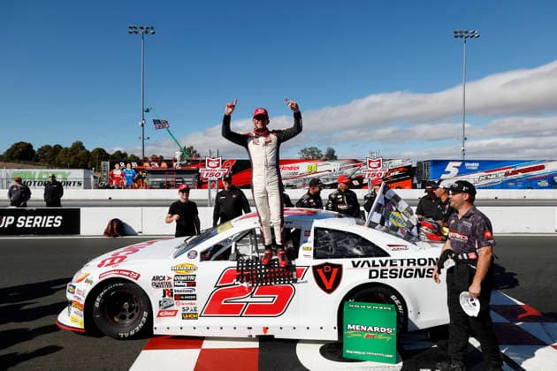 SONOMA, CA - JUNE 26: Sam Corry* ( 25 Bruce Toyota) celebrates in Victory Lane after winning the General Tire 150 ARCA Menards Series West race on June 26, 2026, at Sonoma Raceway in Sonoma, CA. (Photo by Jeff Speer Sonoma Raceway Icon Sportswire) AUTO: JUN 26 ARCA Menards Series West General Tire 150 EDITORIAL USE ONLY Icon2606265951