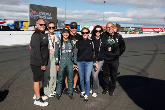 SONOMA, CA - JUNE 26: Mia Lovell* ( 15 Pine Health Toyota) poses with friends and family after finishing second in the General Tire 150 ARCA Menards Series West race on June 26, 2026, at Sonoma Raceway in Sonoma, CA. (Photo by Jeff Speer Sonoma Raceway Icon Sportswire) AUTO: JUN 26 ARCA Menards Series West General Tire 150 EDITORIAL USE ONLY Icon2606266035