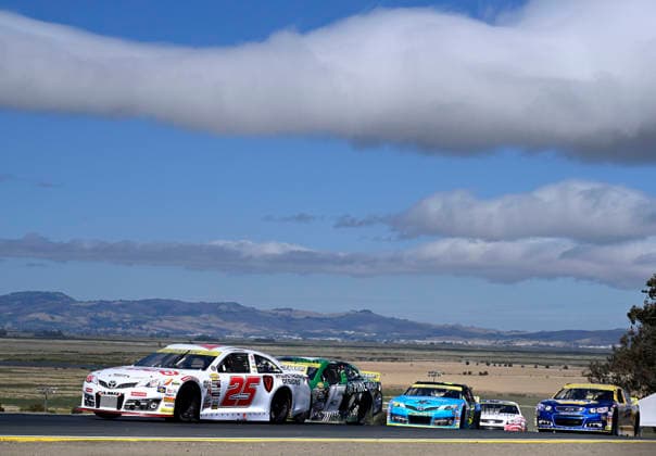 SONOMA, CA - JUNE 26: Sam Corry ( 25 Bruce Toyota) leads Mia Lovell ( 15 Pine Health Toyota) during the early laps of the ARCA Menards Series West General Tire 150 on June 26, 2026, at Sonoma Raceway in Sonoma, CA. (Photo by Will Lester Icon Sportswire) AUTO: JUN 26 ARCA Menards Series West General Tire 150 EDITORIAL USE ONLY Icon26062603077