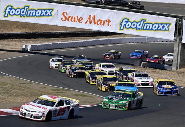 SONOMA, CA - JUNE 26: Sam Corry ( 25 Bruce Toyota) leads Mia Lovell ( 15 Pine Health Toyota) and the rest of the field into turn 2 during the opening lap of the ARCA Menards Series West General Tire 150 on June 26, 2026, at Sonoma Raceway in Sonoma, CA. (Photo by Will Lester Icon Sportswire) AUTO: JUN 26 ARCA Menards Series West General Tire 150 EDITORIAL USE ONLY Icon26062603185
