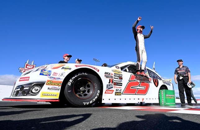 SONOMA, CA - JUNE 26: Sam Corry ( 25 Bruce Toyota) celebrates after winning the ARCA Menards Series West General Tire 150 on June 26, 2026, at Sonoma Raceway in Sonoma, CA. (Photo by Will Lester Icon Sportswire) AUTO: JUN 26 ARCA Menards Series West General Tire 150 EDITORIAL USE ONLY Icon26062604346