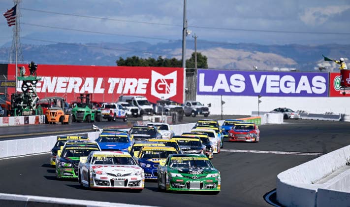 SONOMA, CA - JUNE 26: Sam Corry ( 25 Bruce Toyota) leads Mia Lovell ( 15 Pine Health Toyota) during a mid race restart during the ARCA Menards Series West General Tire 150 on June 26, 2026, at Sonoma Raceway in Sonoma, CA. (Photo by Will Lester Icon Sportswire) AUTO: JUN 26 ARCA Menards Series West General Tire 150 EDITORIAL USE ONLY Icon26062604445