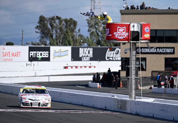 SONOMA, CA - JUNE 26: Sam Corry ( 25 Bruce Toyota) takes the checkered flag to win the ARCA Menards Series West General Tire 150 on June 26, 2026, at Sonoma Raceway in Sonoma, CA. (Photo by Will Lester Icon Sportswire) AUTO: JUN 26 ARCA Menards Series West General Tire 150 EDITORIAL USE ONLY Icon26062604676