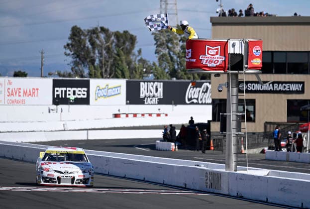 SONOMA, CA - JUNE 26: Sam Corry ( 25 Bruce Toyota) takes the checkered flag to win the ARCA Menards Series West General Tire 150 on June 26, 2026, at Sonoma Raceway in Sonoma, CA. (Photo by Will Lester Icon Sportswire) AUTO: JUN 26 ARCA Menards Series West General Tire 150 EDITORIAL USE ONLY Icon26062604677