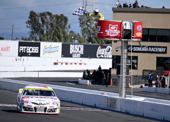 SONOMA, CA - JUNE 26: Sam Corry ( 25 Bruce Toyota) takes the checkered flag to win the ARCA Menards Series West General Tire 150 on June 26, 2026, at Sonoma Raceway in Sonoma, CA. (Photo by Will Lester Icon Sportswire) AUTO: JUN 26 ARCA Menards Series West General Tire 150 EDITORIAL USE ONLY Icon26062604685