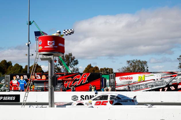 SONOMA, CA - JUNE 26: Sam Corry* ( 25 Bruce Toyota) crosses the finish line to win the General Tire 150 ARCA Menards Series West race on June 26, 2026, at Sonoma Raceway in Sonoma, CA. (Photo by Jeff Speer Sonoma Raceway Icon Sportswire) AUTO: JUN 26 ARCA Menards Series West General Tire 150 EDITORIAL USE ONLY Icon2606265509