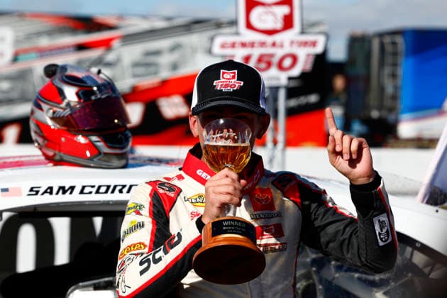 SONOMA, CA - JUNE 26: Sam Corry* ( 25 Bruce Toyota) celebrates by drinking sparkling cider after winning the General Tire 150 ARCA Menards Series West race on June 26, 2026, at Sonoma Raceway in Sonoma, CA. (Photo by Jeff Speer Sonoma Raceway Icon Sportswire) AUTO: JUN 26 ARCA Menards Series West General Tire 150 EDITORIAL USE ONLY Icon2606265724