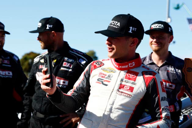 SONOMA, CA - JUNE 26: Sam Corry* ( 25 Bruce Toyota) FaeTimes with someone after winning the General Tire 150 ARCA Menards Series West race on June 26, 2026, at Sonoma Raceway in Sonoma, CA. (Photo by Jeff Speer Sonoma Raceway Icon Sportswire) AUTO: JUN 26 ARCA Menards Series West General Tire 150 EDITORIAL USE ONLY Icon2606265808