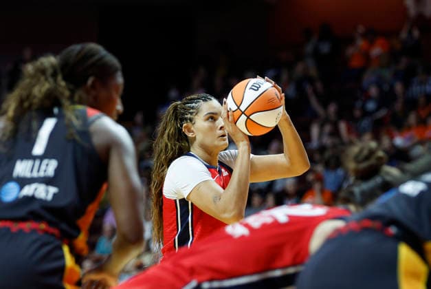 UNCASVILLE, CT - JUNE 26: Lauren Betts 51 of the Washington Mystics shoot free throws during the WNBA, Basketball Damen, USA game between Washington Mystics and Connecticut Sun on June 26, 2026, at Mohegan Sun Arena in Uncasville, CT. (Photo by M. Anthony Nesmith Icon Sportswire) WNBA: JUN 26 Washington Mystics at Connecticut Sun EDITORIAL USE ONLY Icon26062622