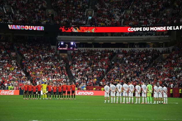 New Zealand v Belgium - FIFA World Cup, WM, Weltmeisterschaft, Fussball 2026 - Group G VANCOUVER, CANADA - JUNE 26: Players sing their national anthem prior the 2026 FIFA World Cup First Stage Group G match between New Zealand and Belgium at BC Place (Vancouver Stadium) in Vancouver, British Columbia, Canada on June 26, 2026. Ercin Erturk Anadolu British Columbia Canada. Editorial use only. Please get in touch for any other usage.  Copyright: x2026xAnadoluxErcinxErturkx