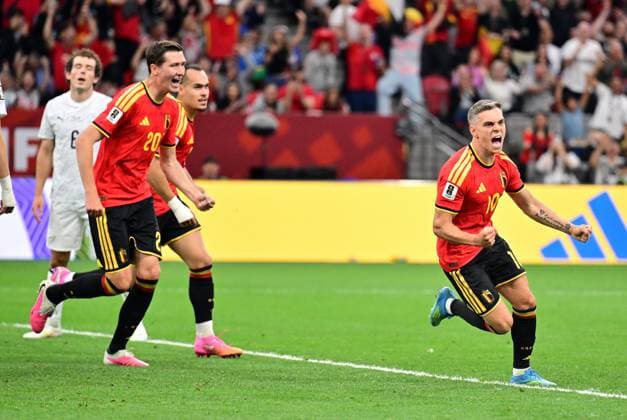 Belgium s Leandro Trossard celebrates after scoring the 1-0 goal during a soccer game between Belgian national team, Nationalteam Red Devils and New Zealand, on Friday 26 June 2026, at the BC Place Vancouver stadium in Vancouver, Canada, the third game in the group stage of the FIFA World Cup, WM, Weltmeisterschaft, Fussball 2026. The Diables Rouges - Rode Duivels were drawn into Group G.  x179494909x