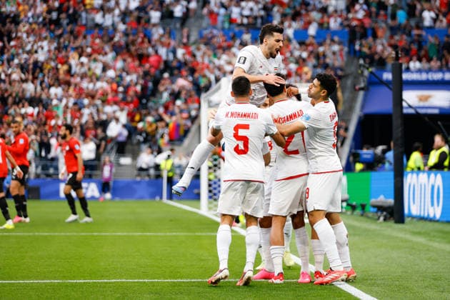 SEATTLE, WA - JUNE 26: Players from IR Iran react after a goal by defender Ramin Rezaeian 23 during the FIFA World Cup, WM, Weltmeisterschaft, Fussball 2026 Group G match between Egypt and IR Iran on June 26, 2026 at Seattle Stadium in Seattle, Washington. (Photo by Henry Rodenburg Icon Sportswire) SOCCER: JUN 26 FIFA World Cup 26 Group G - Egypt vs IR Iran EDITORIAL USE ONLY Icon260626001