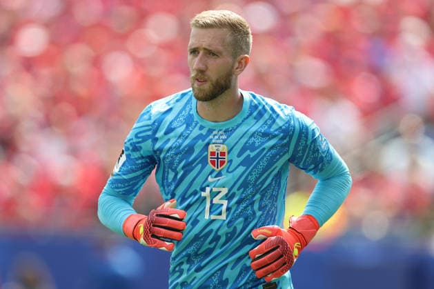Foxborough, USA, 26th June 2026. Egil Selvik of Norway during the Norway vs France FIFA World Cup, WM, Weltmeisterschaft, Fussball match at Gillette Stadium, Foxborough. Picture credit should read: Paul Terry Sportimage EDITORIAL USE ONLY. No use with unauthorised audio, video, data, fixture lists, club league logos or live services. Online in-match use limited to 120 images, no video emulation. No use in betting, games or single club league player publications. SPI_134_PT_Norway_France SPI-4842-0134