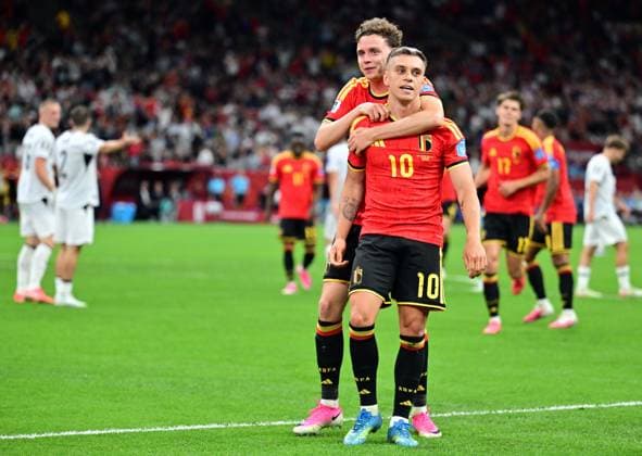 Belgium s Leandro Trossard and Belgium s Maxim De Cuyper celebrate after scoring during a soccer game between Belgian national team, Nationalteam Red Devils and New Zealand, on Friday 26 June 2026, at the BC Place Vancouver stadium in Vancouver, Canada, the third game in the group stage of the FIFA World Cup, WM, Weltmeisterschaft, Fussball 2026. The Diables Rouges - Rode Duivels were drawn into Group G. DIRKxWAEM  x179496474x