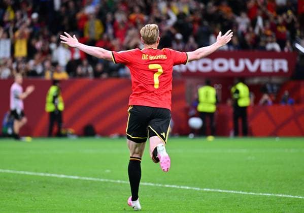 Belgium s Kevin De Bruyne celebrates after scoring the 3-0 goal during a soccer game between Belgian national team, Nationalteam Red Devils and New Zealand, on Friday 26 June 2026, at the BC Place Vancouver stadium in Vancouver, Canada, the third game in the group stage of the FIFA World Cup, WM, Weltmeisterschaft, Fussball 2026. The Diables Rouges - Rode Duivels were drawn into Group G. DIRKxWAEM  x179496649x