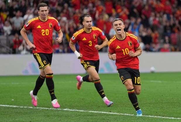 June 26, 2026, Vancouver, Bc, CANADA: Belgium s Leandro Trossard (10), Belgium s Hans Vanaken (20) and Belgium s Arthur Theate (3) celebrate a goal against New Zealand during the first half of a World Cup Group D soccer match, in Vancouver, on Friday, June 26, 2026. Canada News - June 26, 2026  - ZUMAc35_ 20260626_zaf_c35_342 Copyright: xEthanxCairnsx