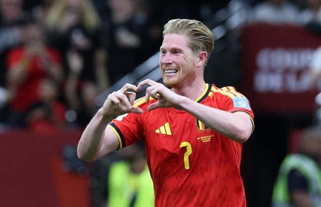 Belgium s Kevin De Bruyne celebrates after scoring the 3-0 goal during a soccer game between Belgian national team, Nationalteam Red Devils and New Zealand, on Friday 26 June 2026, at the BC Place Vancouver stadium in Vancouver, Canada, the third game in the group stage of the FIFA World Cup, WM, Weltmeisterschaft, Fussball 2026. The Diables Rouges - Rode Duivels were drawn into Group G. BRUNOxFAHY  x179496947x