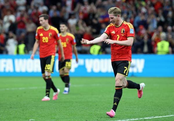Belgium s Kevin De Bruyne celebrates after scoring the 3-0 goal during a soccer game between Belgian national team, Nationalteam Red Devils and New Zealand, on Friday 26 June 2026, at the BC Place Vancouver stadium in Vancouver, Canada, the third game in the group stage of the FIFA World Cup, WM, Weltmeisterschaft, Fussball 2026. The Diables Rouges - Rode Duivels were drawn into Group G. BRUNOxFAHY  x179497073x