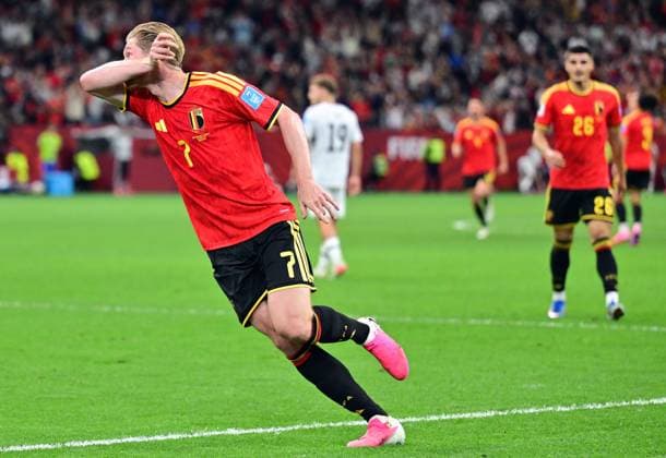 Belgium s Kevin De Bruyne celebrates after scoring the 3-0 goal during a soccer game between Belgian national team, Nationalteam Red Devils and New Zealand, on Friday 26 June 2026, at the BC Place Vancouver stadium in Vancouver, Canada, the third game in the group stage of the FIFA World Cup, WM, Weltmeisterschaft, Fussball 2026. The Diables Rouges - Rode Duivels were drawn into Group G. DIRKxWAEM  x179497490x