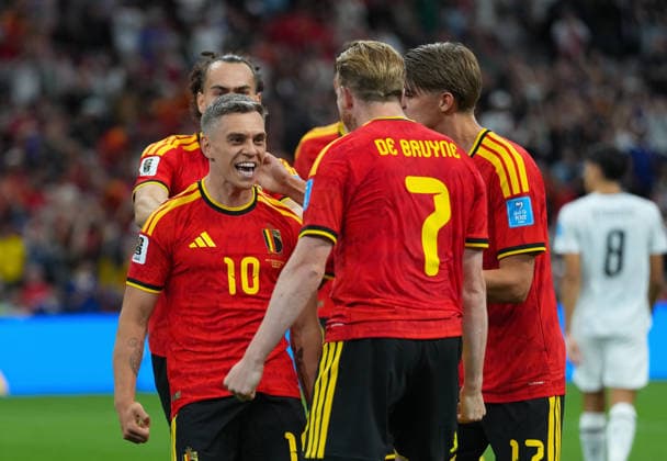(260627) -- VANCOUVER, June 27, 2026 -- Leandro Trossard (No. 10) of Belgium celebrates his goal during the group G match between New Zealand and Belgium at the 2026 FIFA World Cup, WM, Weltmeisterschaft, Fussball at BC Place Vancouver in Vancouver, Canada, June 26, 2026. ) (SP)CANADA-VANCOUVER-FOOTBALL-FIFA WORLD CUP-GROUP G-NZL VS BEL MengxYongmin 