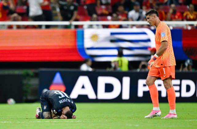 (260627) -- GUADALAJARA, June 27, 2026 -- Mathias Olivera (L) of Uruguay reacts after the group H match between Uruguay and Spain at the 2026 FIFA World Cup, WM, Weltmeisterschaft, Fussball at Guadalajara Stadium in Guadalajara, Mexico, June 26, 2026. ) (SP)MEXICO-GUADALAJARA-FOOTBALL-FIFA WORLD CUP-GROUP H-URU VS ESP LixMuzi 