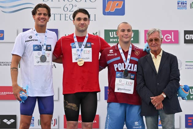 IPA86115046 - Noe PONTI, Kristof MILAK, and Michele BUSA during the medal ceremony for the men s 100-meter butterfly on the first day of the 62nd Settecolli International Swimming Trophy at the Foro Italico in Rome on June 26, 2026.  Copyright: xDomenicoxCippitelli IPAxSportx xx 86115046