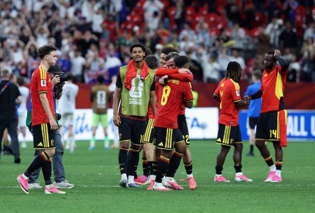 Belgium s players celebrate after winning a soccer game between Belgian national team, Nationalteam Red Devils and New Zealand, on Friday 26 June 2026, at the BC Place Vancouver stadium in Vancouver, Canada, the third game in the group stage of the FIFA World Cup, WM, Weltmeisterschaft, Fussball 2026. The Diables Rouges - Rode Duivels were drawn into Group G. BRUNOxFAHY  x179498317x
