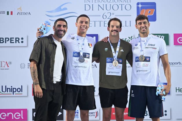 IPA86115053 - Filippo MAGNINI, David POPOVICI, Guilherme Santos Caribe and Leonardo Deplano during the medal ceremony for the men’s 50-meter freestyle on the first day of the 62nd Settecolli International Swimming Trophy at the Foro Italico in Rome on June 26, 2026.  Copyright: xDomenicoxCippitelli IPAxSportx xx 86115053