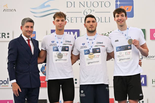 IPA86115084 - Ludovico Blu Art VIBERTI, Simone CERASUOLO and Ivan KOZHAKIN during the medal ceremony for the men’s 50-meter breaststroke on the first day of the 62nd Settecolli International Swimming Trophy at the Foro Italico in Rome on June 26, 2026.  Copyright: xDomenicoxCippitelli IPAxSportx xx 86115084