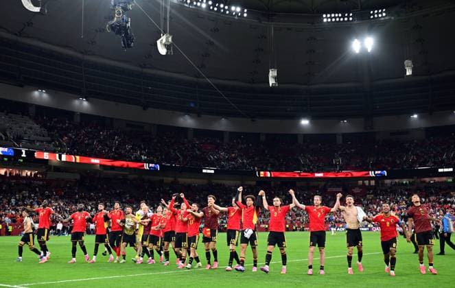 Belgium s players celebrate after winning a soccer game between Belgian national team, Nationalteam Red Devils and New Zealand, on Friday 26 June 2026, at the BC Place Vancouver stadium in Vancouver, Canada, the third game in the group stage of the FIFA World Cup, WM, Weltmeisterschaft, Fussball 2026. The Diables Rouges - Rode Duivels were drawn into Group G. DIRKxWAEM  x179498818x