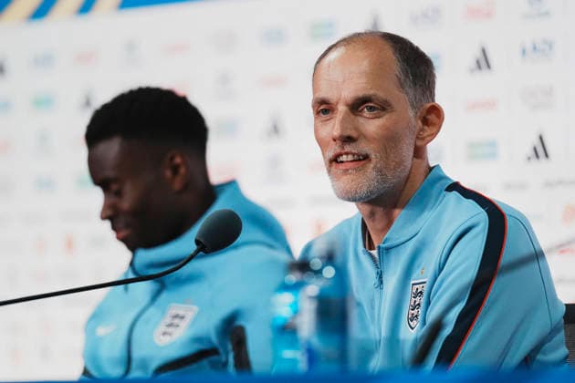 (260627) -- NEW YORK, June 27, 2026 -- Head coach of England Thomas Tuchel (R) and player Marc Guehi attend a press conference, PK, Pressekonferenz at the FIFA World Cup, WM, Weltmeisterschaft, Fussball 2026 in New York New Jersey Stadium, the United States, on June 26, 2026. ) (SP)U. S.-NEW YORK-FOOTBALL-FIFA WORLD CUP-PRESS CONFERENCE-ENGLAND XuxChang 