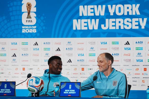 (260627) -- NEW YORK, June 27, 2026 -- Head coach of England Thomas Tuchel (R) and player Marc Guehi attend a press conference, PK, Pressekonferenz at the FIFA World Cup, WM, Weltmeisterschaft, Fussball 2026 in New York New Jersey Stadium, the United States, on June 26, 2026. ) (SP)U. S.-NEW YORK-FOOTBALL-FIFA WORLD CUP-PRESS CONFERENCE-ENGLAND XuxChang 