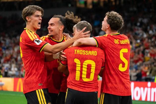 VANCOUVER, CANADA - JUNE 26: Trossard Leandro of Belgium celebrates with Maxim De Cuyper of Belgium, Charles De Ketelaere of Belgium and Arthur Theate of Belgium after scoring their second goal during the FIFA World Cup, WM, Weltmeisterschaft, Fussball 2026 group stage match between New Zealand and Belgium at BC Place Vancouver Stadium on June 26, 2026 in Vancouver, British Columbia, Canada.  Copyright: xAmyxElle SPPx Sportspressphoto_SPR178039