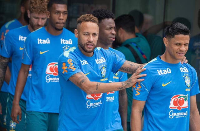 Brazil national team, Nationalteam Training Day FIFA World Cup, WM, Weltmeisterschaft, Fussball 2026 Neymar and Douglas Santos attend the Brazilian national football team training session before the FIFA World Cup 2026 group C match against Japan . on June 26, 2026, in Morristown, New Jersey. Morristown New Jersey United States Copyright: xSantiagoxArmasx