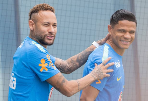 Brazil national team, Nationalteam Training Day FIFA World Cup, WM, Weltmeisterschaft, Fussball 2026 Neymar and Douglas Santos during the Brazilian national football team training session before the FIFA World Cup 2026 group C match against Japan . on June 26, 2026, in Morristown, New Jersey. Morristown New Jersey United States Copyright: xSantiagoxArmasx