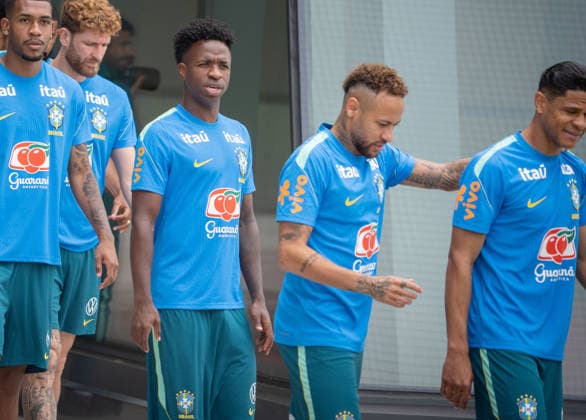 Brazil national team, Nationalteam Training Day FIFA World Cup, WM, Weltmeisterschaft, Fussball 2026 Vinicius Jr, Neymar and Douglas Santos attend the Brazilian national football team training session before the FIFA World Cup 2026 group C match against Japan . on June 26, 2026, in Morristown, New Jersey. Morristown New Jersey United States Copyright: xSantiagoxArmasx