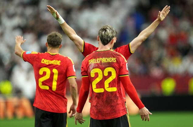 FIFA World Cup, WM, Weltmeisterschaft, Fussball 2026 - Group G - New Zealand vs Belgium Alexis Saelemaekers (no.22) of Belgium celebrates with teammates after scoring his team s 5th goal during the FIFA World Cup 2026 group stage match New Zealand against Belgium, in Vancouver, Canada, 26 June 2026. VANCOUVER Canada  Copyright: xBOBxFRIDx